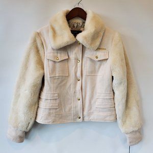 Rocawear Womens Faux Fur Wool White Moto Jacket Coat, Fold Over Collar